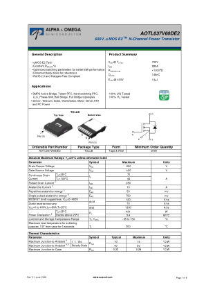 AOTL037V60DE2 datasheet cover page