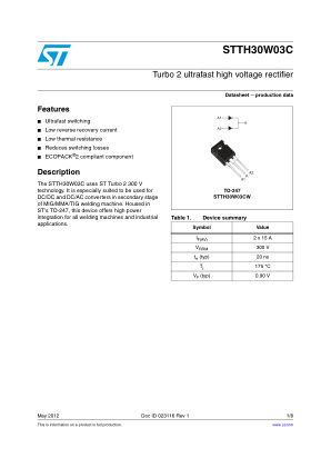 STTH30W03C 数据手册首页