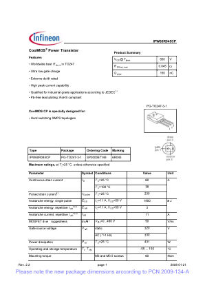IPW60R045CP datasheet cover page