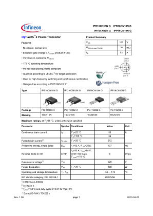 IPP16CN10N 数据手册首页
