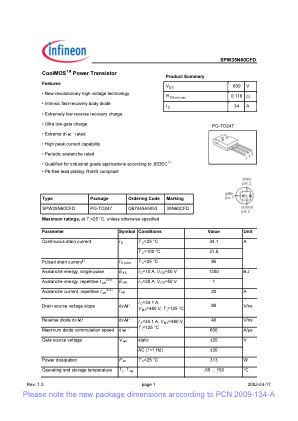 SPW35N60CFD 数据手册首页