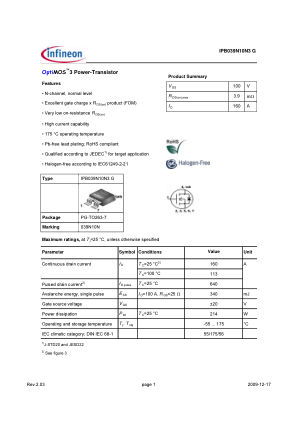 IPB039N10N3-G datasheet cover page