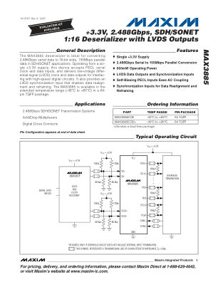 MAX3885 数据手册首页