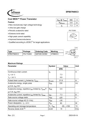 SPB07N60C3 datasheet cover page