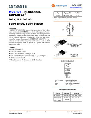 FCPF11N60T datasheet cover page
