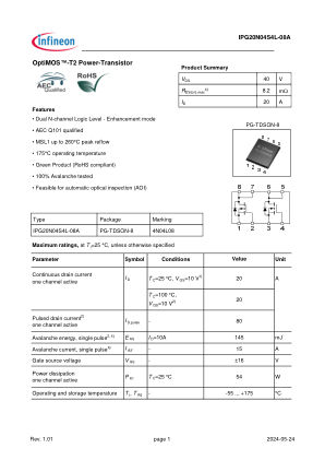 IPG20N04S4L-08A datasheet cover page