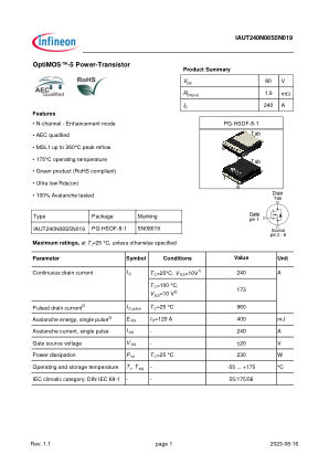 IAUT240N08S5N019 数据手册首页