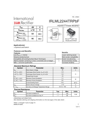 IRLML2244 数据手册首页