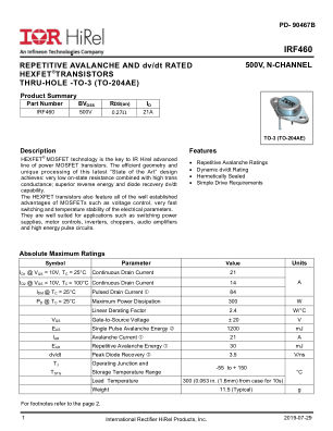 IRF460 datasheet cover page