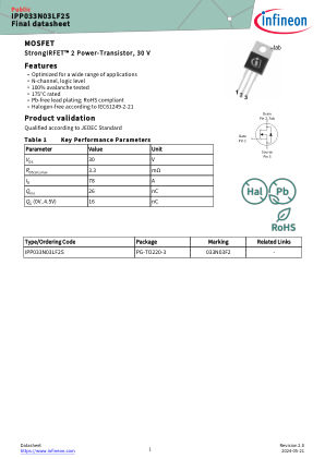 IPP033N03LF2S datasheet cover page