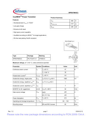 SPW47N65C3 datasheet cover page