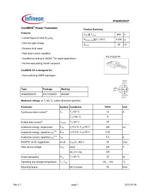 IPA60R250CP datasheet cover page