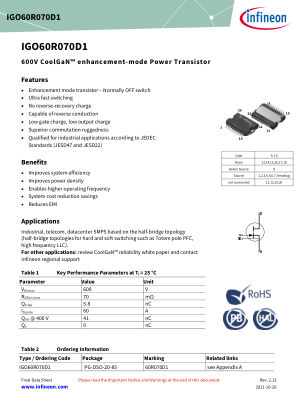 IGO60R070D1 datasheet cover page