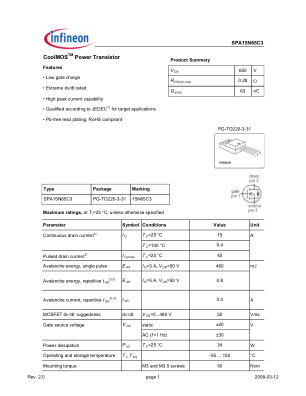 SPA15N65C3 datasheet cover page