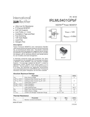 IRLML6401GPBF 数据手册首页