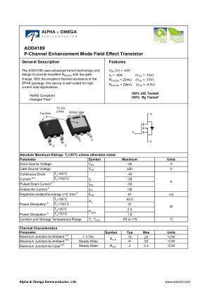 AOD4189 datasheet cover page