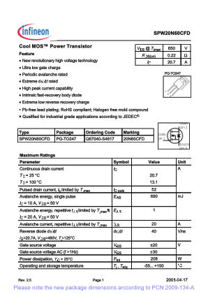 SPW20N60CFD datasheet cover page