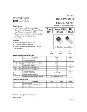 IRLR8743 datasheet cover page