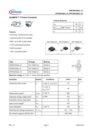 IPB70N10S3L-12 datasheet cover page