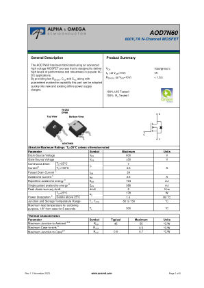AOD7N60 datasheet cover page