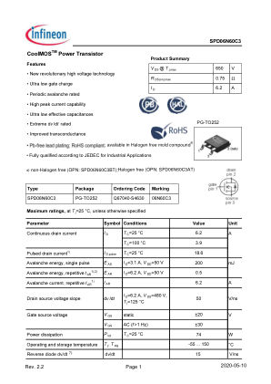 SPD06N60C3 datasheet cover page