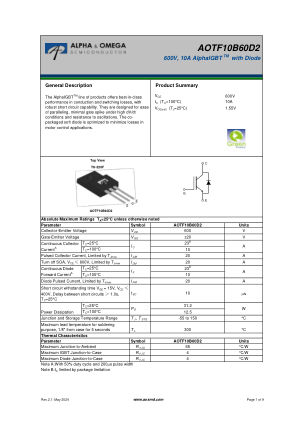 AOTF10B60D2 datasheet cover page