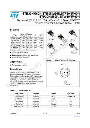 STB30NM60N 数据手册首页