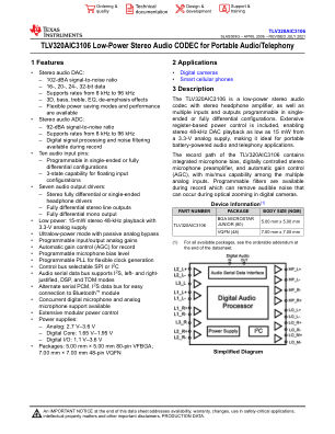 TLV320AIC3106 datasheet cover page