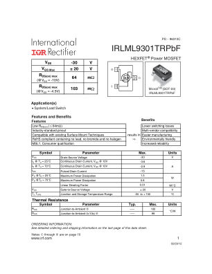 IRLML9301 datasheet cover page
