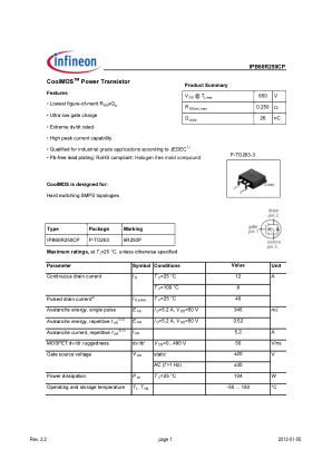 IPB60R250CP datasheet cover page