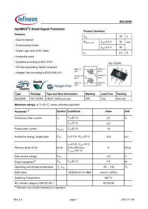 BSL205N 数据手册首页
