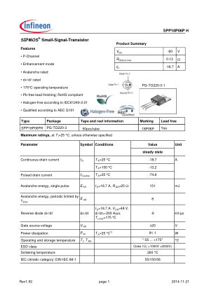 SPP18P06P-H datasheet cover page