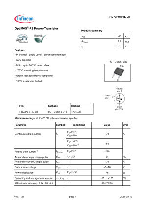 IPD70P04P4L-08 datasheet cover page