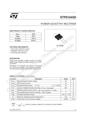 STPS1645D datasheet cover page