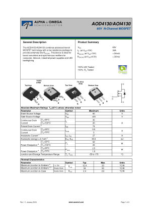 AOD4130 datasheet cover page