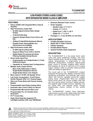 TLV320AIC3007 datasheet cover page
