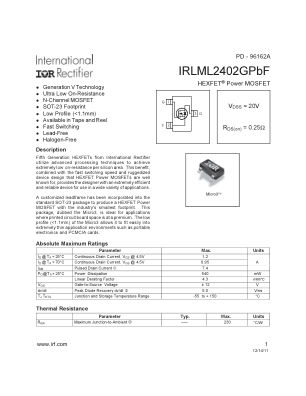 IRLML2402GPBF datasheet cover page