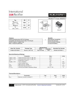 IRLML5103TRPBF-1 datasheet cover page