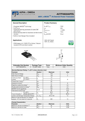 AOTF080A60FDL 数据手册首页