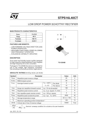 STPS16L40C 数据手册首页