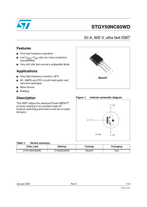 STGY50NC60WD 数据手册首页
