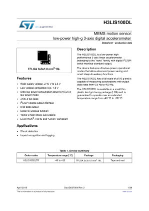 H3LIS100DL 数据手册首页