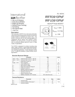 IRFR3910 数据手册首页