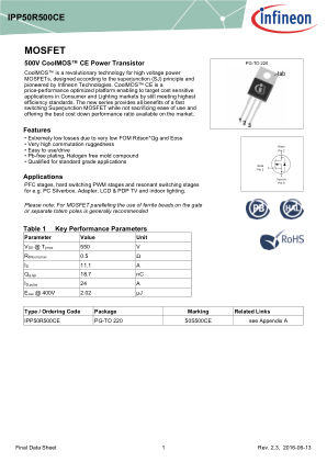 IPP50R500CE datasheet cover page