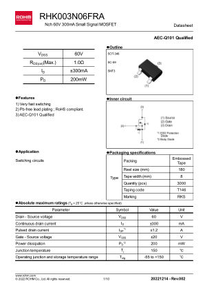RHK003N06FRA datasheet cover page
