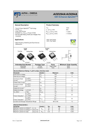 AOI294A datasheet cover page