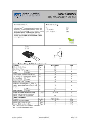 AOTF15B60D2 datasheet cover page